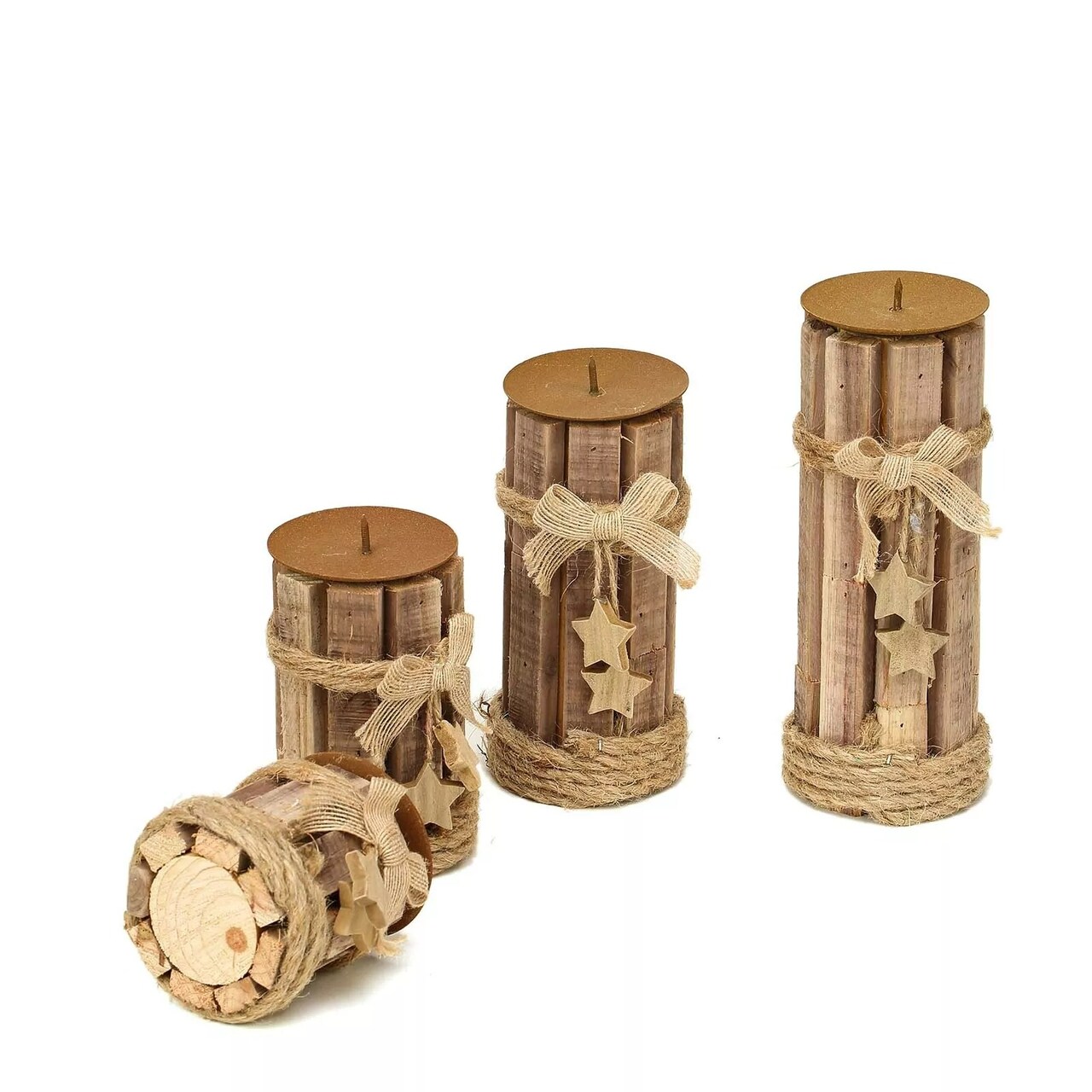 4 pcs Natural Assorted Wood Candle Holders with String Ribbons and Stars
